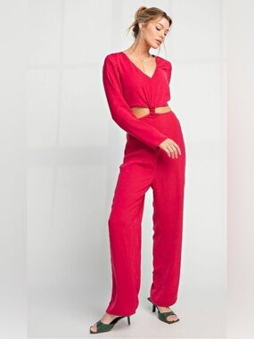 NEW! EASEL Dobby Maxi Jumpsuit in Ruby Red